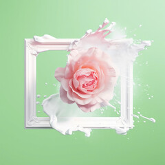 Minimal floral scene with white stylized frame, milky splash and pink rose flower on isolated pastel green background. Spring or summer love or blooming concept. Generated by artificial intelligence.