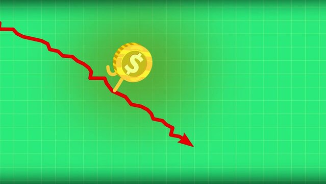 Dollar rate still goes down seamless loop small flat color. Walking down coin. $ character falling down fast. Funny business cartoon.
