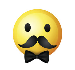 High quality emoticon on white background. Yellow face with mustache. Mustache emoji vector. Hipster emoji. Mustache smiley.