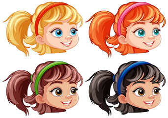 Set of girl cartoon head different hair colour