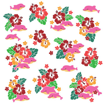 Illustration collection of cute hibiscus and dolphins,