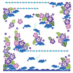 Decorative frame of cute tropical flowers and dolphins,