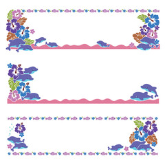 Decorative frame of cute tropical flowers and dolphins,