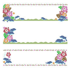 Decorative frame of cute tropical flowers and dolphins,