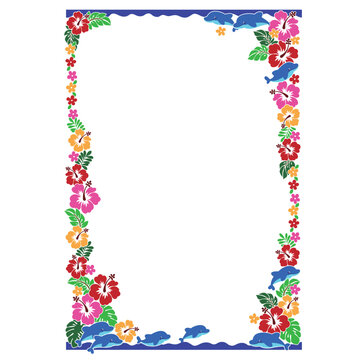 Decorative frame of cute tropical flowers and dolphins,