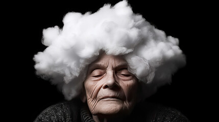 close-up face of an elderly woman, her mind shrouded in the hazy veil of cotton, embodying dementia, symbolizing the tangled labyrinth of Alzheimer's.