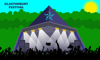 the Glastonbury stage with silhouettes of people watching the festival. Held every year at Worthy Farm in Pilton, Somerset, U.K. commemorate Glastonbury Festival

