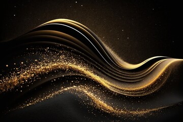 Shiny golden wavy particles on a dark background