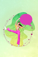 Vertical artwork poster picture collage photo of positive happy lady have fun celebrate hold empty space isolated drawing background