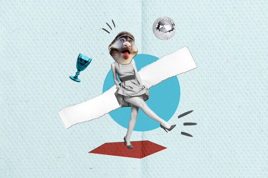 Collage portrait of black white colors girl chimpanzee head hold dress dancing slim legs disco ball wine glass isolated on paper background