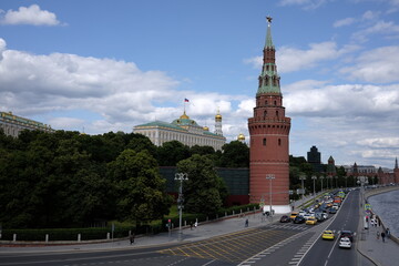View of the architectural ensemble of the Moscow Kremlin from the bridge on a fine day.