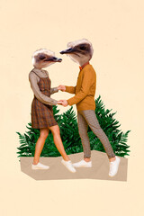 Composite collage illustration of two headless zoo lovers have fun dance young couple romantic...