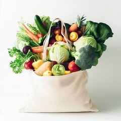 Tote bag full of vegetables and fruits on white background. Grocery with healthy food Generative AI
