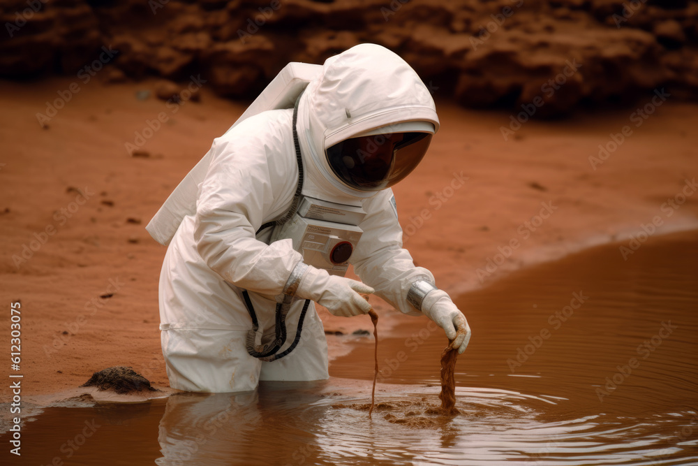 Sticker astronaut filtering water on alien planet. generative ai