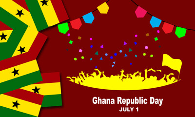 ghana flag set randomly with ghanaians celebrating Ghana Republic Day 1st July. The day marks the establishment of Ghana as a sovereign republic in 1960.
