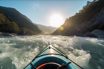 Fototapeta premium Extreme kayaking down the wild river in mountains at sunset, POV. Generative AI