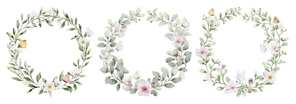 Set of watercolor wreaths with flowers, leaves and butterflies