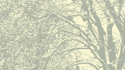 Vector abstract dirty grunge background with tree branches chaotic tangled in winter with snow on it.