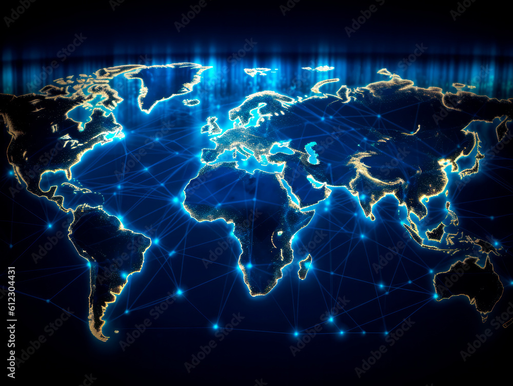 Poster digital world map background, earth network. worldmap in neon light blue display screen, worldwide c