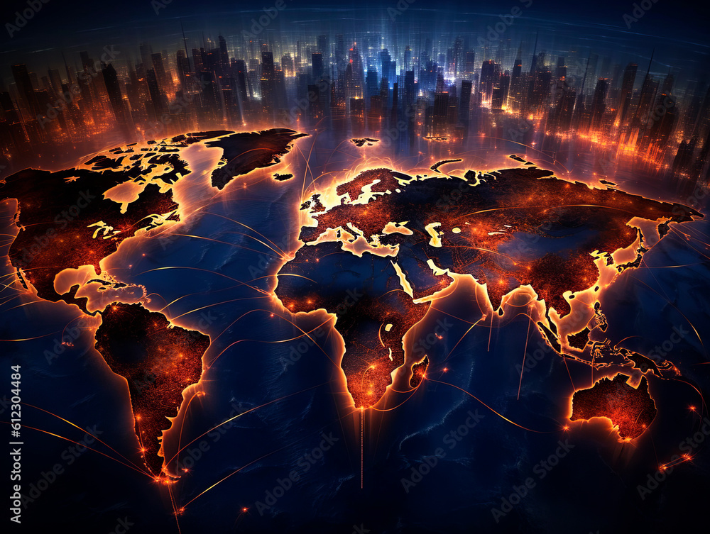 Poster digital world map background, earth network. worldmap in neon light orange display screen, worldwide