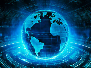 Obraz premium Digital world map background, earth network. Worldmap in neon light blue display screen, worldwide connection and telecommunication technology. Ai generative illustration