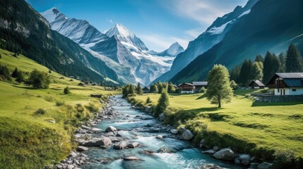 Naklejka na ściany i meble Switzerland Landscape Illustration Wallpaper created with Generative AI Technology