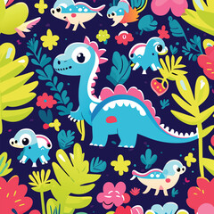 Fototapeta na wymiar Cute dinosaur seamless pattern royal wallpaper
