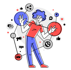 Creative worker doing some job and creating some system, inspired inventive designer or engineer composing abstract elements, vector outline illustration.