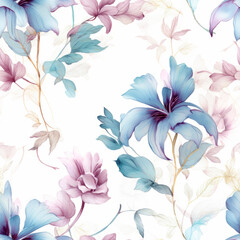 Fototapeta na wymiar Watercolor colorful floral botanical flowers. Spring leaf art. Seamless background pattern. Fabric wallpaper print texture. Tiled. Ai Generative illustration.