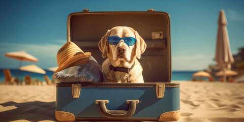 Labrador Retriever's Perfect Getaway: Sunglasses and Opened Suitcase on Beach - travel and holiday concept. Generative AI