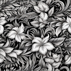 Black and White floral botanical flowers. Spring leaf engraved ink art. Seamless background pattern. Fabric wallpaper print texture. Tiled. Ai Generative illustration.