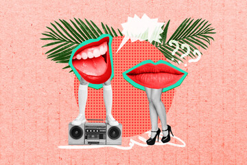 3d retro template collage of cool funky human lips enjoying boom box songs singing empty space isolated painting background