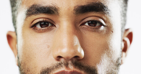 Closeup, face and serious man in studio for skincare, confident and handsome against white...