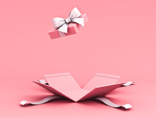 Blank open pink gift box or present box with white ribbon bow isolated on light pink orange pastel color background with shadow minimal conceptual 3D rendering
