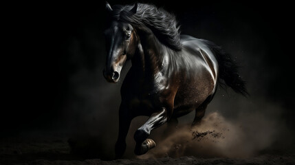 Fototapeta na wymiar Galloping black stallion horse on dark dust background. Generative ai.