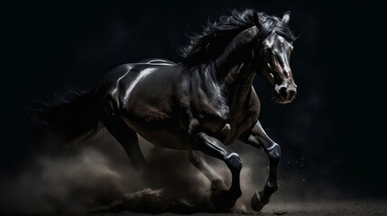 Obraz na płótnie Canvas Galloping black stallion horse on dark dust background. Generative ai.
