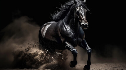 Obraz na płótnie Canvas Galloping black stallion horse on dark dust background. Generative ai.