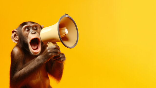 Monkey with a megaphone on a yellow background. The concept of advertising, ads. Generative AI