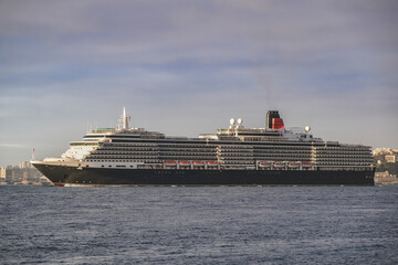Luxury ocean liner cruiseship cruise ship Victoria or Elizabeth in port of Lisbon, Portugal during...
