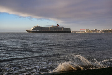 Luxury ocean liner cruiseship cruise ship Victoria or Elizabeth in port of Lisbon, Portugal during...