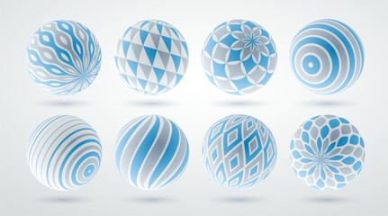 Realistic decorated spheres vector illustrations set, abstract beautiful balls with patterns, 3D globes design concept collection.
