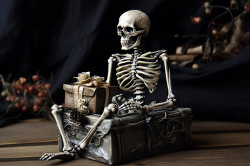 Fototapeta na wymiar Skeleton with gift box, Halloween celebration, Generative AI
