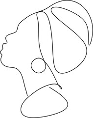 Girl in traditional ethnic headwear turban continuous line drawing, tattoo, print for clothes and logo design, t-shirt, african female silhouette single line on a white background, isolated vector.