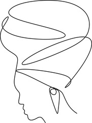 Girl in traditional ethnic headwear turban continuous line drawing, tattoo, print for clothes and logo design, t-shirt, african female silhouette single line on a white background, isolated vector.