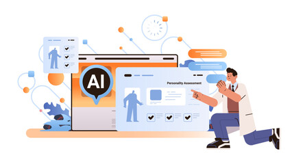 man giving check on checkbox in achievement list with ai helper bot personality assessment generation work improvement