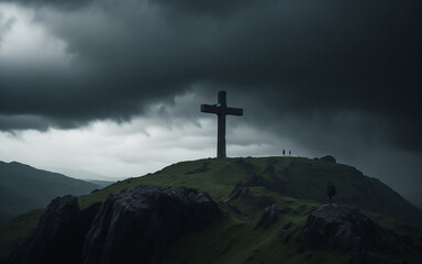 A hillside with a lone figure on a cross - AI