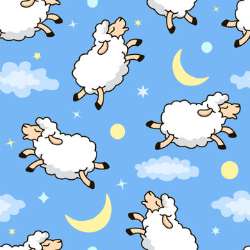 Cute cartoon sheep vector seamless pattern. Animal pattern with cute sheep, moon and clouds seamless background. For fabric, childish textile, kids bedding, wallpaper, sleepwear.