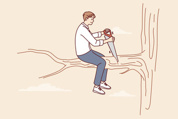 Man saws tree branch on which sits, symbolizing popular proverb about stupidity and shortsightedness. Illustration for proverb about harming one own future and problems associated with lack of plan © drawlab19