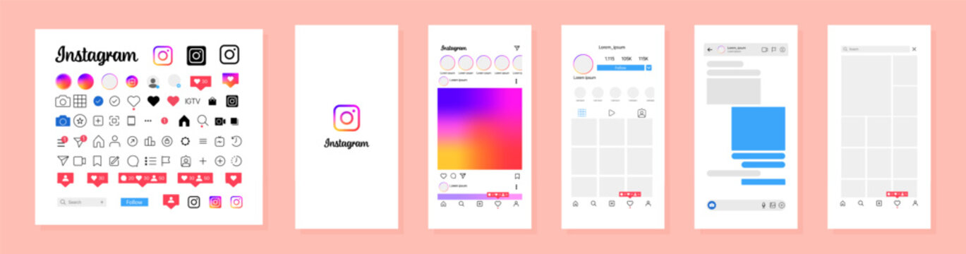 Instagram Mockup With Pastel Background. Set Instagram Screen Social Media And Social Network Interface Template. Instagram Photo Frame. Stories, Liked, Stream. Editorial Vector.