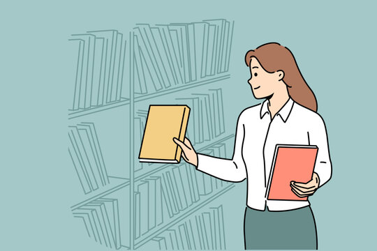 Female librarian put books on bookshelves. Woman working in library. Occupation and profession. Vector illustration. 